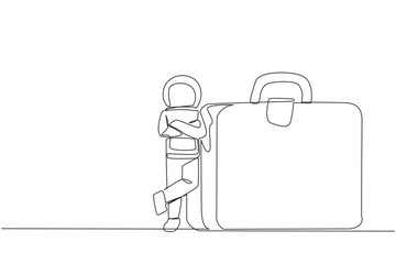 Poster - Continuous one line drawing young astronaut lean on big briefcase. Preparing for a long and distant journey to embark on an expedition on the moon surface. Single line draw design vector illustration