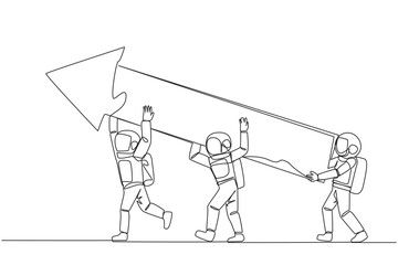 Poster - Single one line drawing three astronauts raised the big arrow together. With teamwork making graphics can improve.  Deep space astronaut concept. Cosmonaut. Continuous line design graphic illustration