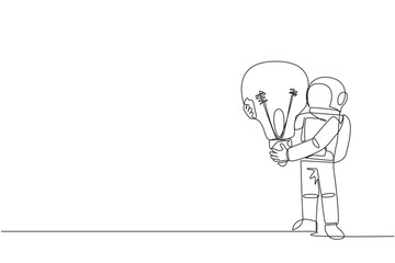 Poster - continuous one line drawing young energetic astronaut lift up lightbulb. gain enlightenment about th