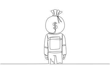 Poster - Single one line drawing young astronaut with money bag instead of head, stand facing forward. Thinking about the advantages of joining the space industry. Continuous line design graphic illustration