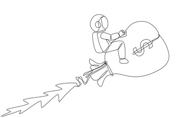 Poster - Single continuous line drawing astronaut ride on a money bag that looks like a rocket. Fly in space with the money bag. Wealthy astronaut. Cosmic galaxy deep space. One line design vector illustration