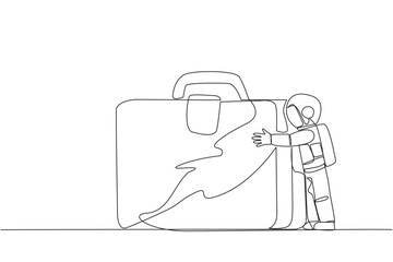 Poster - Single one line drawing young energetic astronaut hugging giant  briefcase. Hugging a favorite bag that accompanied the expedition on the moon surface. Continuous line design graphic illustration