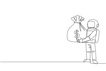 Poster - Single one line drawing young energetic astronaut lift up big money bag. Security deposit received for the consequences of going on an expedition. Cosmic. Continuous line design graphic illustration