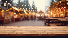 Wooden Table Top On Blur Background Of Christmas Market With Bokeh - Can Be Used For Display Or Mockup Your Products.