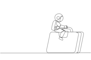 Poster - Single one line drawing young energetic astronaut ride the briefcase like a rocket. Used as a vehicle to sail the moon surface. Cosmic galaxy deep space. Continuous line design graphic illustration