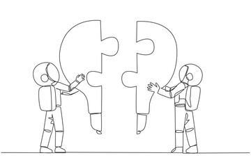 Poster - Single continuous line drawing two astronauts holding up two lightbulb-shaped puzzle pieces. Metaphors elevate and unite brilliant ideas. Deep space teamwork. One line design vector illustration
