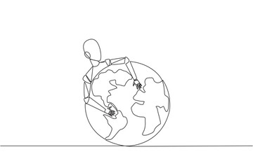 Poster - Continuous one line drawing robot hugging globe. Robots rule the world. Everything is technology. Artificial intelligence. Future technology development. Single line draw design vector illustration