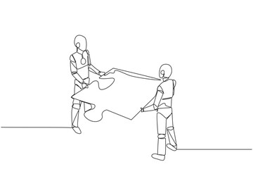 Poster - Single continuous line drawing two robots lift huge puzzle piece together. Teamwork moves the puzzle pieces to form a unified whole. Future technology development. One line design vector illustration