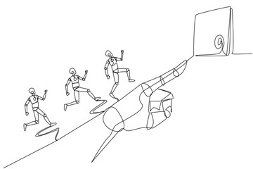 Poster - Single one line drawing 3 robots running on giant robot hand whose finger is pointing at round target board. Focused teamwork towards up arrow. Future tech. Continuous line design graphic illustration