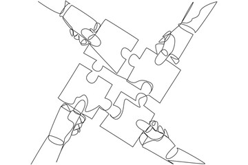 Poster - Continuous one line drawing four robot hands holding a puzzle piece each other. Doing teamwork to assemble puzzle pieces into one shape. Future AI tech. Single line draw design vector illustration