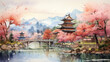 Watercolor japan concept art painting style, asian landscape in water color 