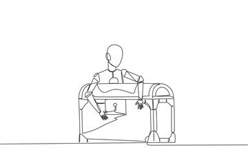 Poster - single continuous line drawing robotic hugging treasure chest. scans were carried out to determine h