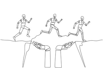 Poster - Single continuous line drawing three robots running through a cliff that has hole in the middle but is supported by large robot hand. Do teamwork towards better direction. One line vector illustration