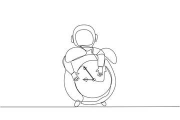 Poster - single one line drawing young energetic astronaut hugging alarm clock. reminder, the space flight mu