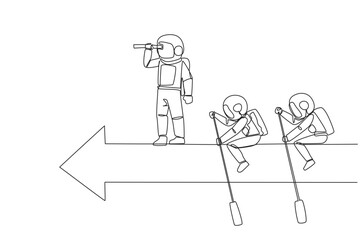 Poster - Single continuous line drawing 3 astronauts ride arrows. Teamwork with two of them rowing, the rest standing up using binoculars. Cosmic galaxy outer space concept. One line design vector illustration
