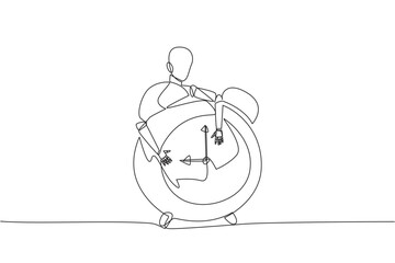 Poster - continuous one line drawing robotic hugging alarm clock. configuring alarm clock technology to robot