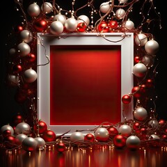 Canvas Print - Cadre rouge de noël vide avec décoration boule de noël autour.