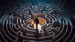 Businessman standing in middle of a maze looking for the right way out , problems and solutions concept