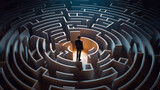 Fototapeta  - Businessman standing in middle of a maze looking for the right way out , problems and solutions concept