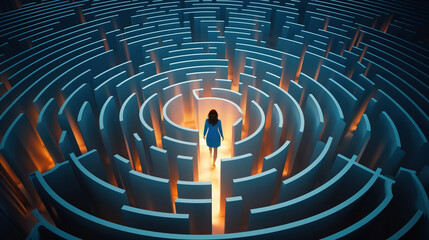 Businesswoman standing in middle of a maze looking for the right way out , problems and solutions concept