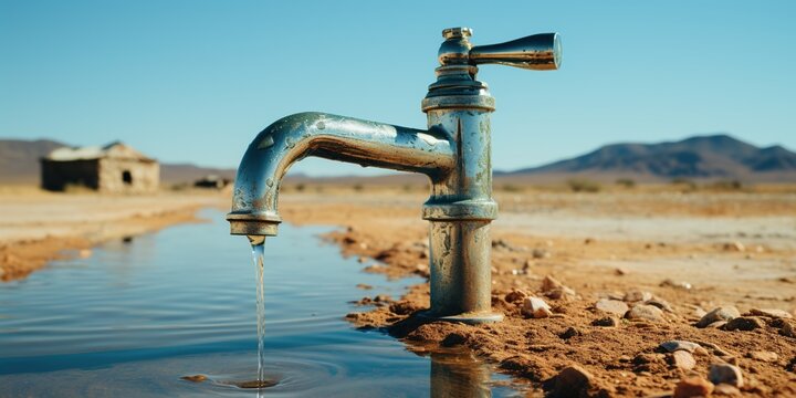 Lonely water faucet in the desert, desert without water, faucet in the desert