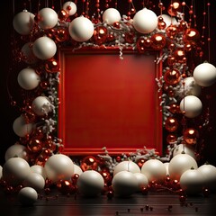 Wall Mural - Cadre rouge de noël vide avec décoration boule de noël autour.