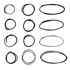 Wall Mural - Doodle set of black hand drawn circle line sketch set. Vector circular scribble doodle round circles for message note mark design element. Pencil or pen highlighter elipses shapes