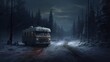 Concept of auto travel during winter holiday season. Road trip journey. Generative AI. An old retro vintage motorhome bus stands in a snowy winter forest. Camping in low season.