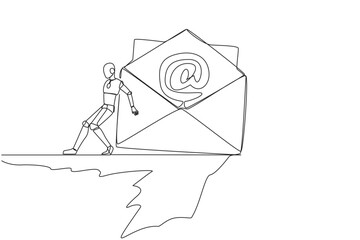 Poster - continuous one line drawing robot pushes a large email icon down with its back from the edge of clif