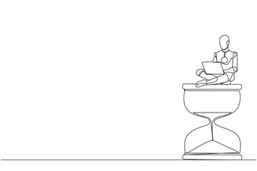 Poster - Continuous one line drawing robotic artificial intelligence sitting on giant hourglass typing laptop. Electronic technology industry. Future modern robotic. Single line draw design vector illustration