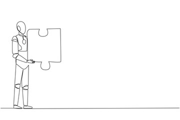 Poster - single one line drawing robotic artificial intelligence holding a puzzle piece. looking for other ro