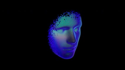 Wall Mural - Artificial intelligence 3D human face is created from blue pixels. Abstract concept of virtual AI chatbot assistant, artificial intelligence and data science technology. 4K video, black background
