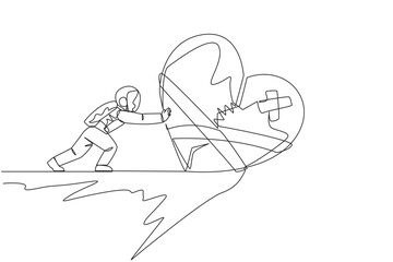 Poster - single continuous line drawing astronaut pushing broken heart from the edge of the abyss. regardless