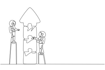 Poster - continuous one line drawing two robots doing teamwork together. climbing the stairs, the two put tog