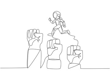 Poster - Single one line drawing astronaut running leaping over three large clenched fists. Teamwork managed to get through the bigger challenges. Cosmonaut. Cosmic. Continuous line design graphic illustration
