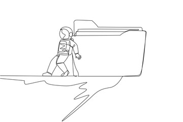 Poster - single continuous line drawing astronaut push giant folder icon down with back from the edge of clif