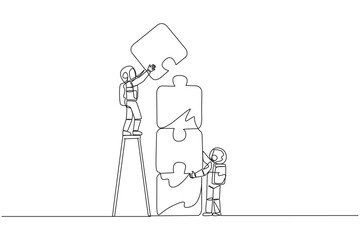 Poster - Continuous one line drawing two astronauts putting together a puzzle. One of the two climbs up the ladder to stack the puzzle by four. Great space teamwork. Single line draw design vector illustration