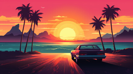 Wall Mural - Summer vibes 80s style illustration with car driving into sunset
