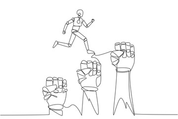 Poster - Continuous one line drawing robotic running leaping over three large clenched fists. Teamwork managed to get through bigger challenges. Future technology. Single line draw design vector illustration