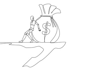 Poster - Single continuous line drawing robot pushes the large money bag down with its back from the edge of cliff. Rich robots spending money. Future technology concept. One line design vector illustration