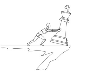 Poster - single continuous line drawing robot pushes down a large chess piece of king from the edge of a clif