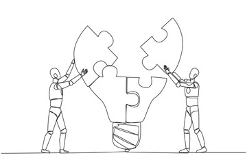 Poster - Single continuous line drawing two robots work in teams to complete a lightbulb-top puzzle. Working together to produce brilliant ideas. Teamwork future robots. One line design vector illustration