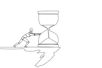 Poster - Single one line drawing robot pushes down a giant hourglass from the edge of cliff. Eliminate obstacles in the form of deadlines. Future technology concept. Continuous line design graphic illustration