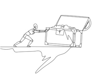 Poster - continuous one line drawing robot pushes open giant treasure chest down from the edge of the cliff. 