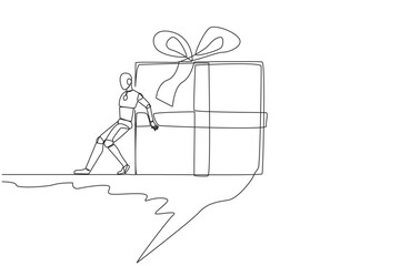 Poster - Single continuous line drawing robot pushes the large gift box down with its back from the edge of cliff. Throwing gifts for children under the cliff. Future AI. One line design vector illustration