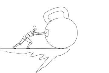 Poster - Single one line drawing robot pushes the large kettlebell down from the edge of the cliff. Exercise increases power. Future technology development concept. Continuous line design graphic illustration