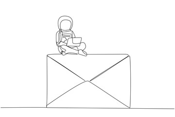 Poster - single continuous line drawing young astronaut sitting on giant email typing laptop. send invitation