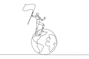 Poster - Single continuous line drawing of robotic artificial intelligence standing on giant globe holding flag. Future technology development. Metaphor of conquering world. One line design vector illustration