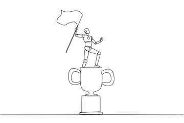 Poster - Single one line drawing of robotic artificial intelligence standing on big trophy holding fluttering flag. Future technology development. Machine learning. Continuous line design graphic illustration