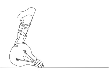 Poster - Continuous one line drawing of robotic artificial intelligence standing on giant lightbulb holding fluttering flag. Future technology development concept. Single line draw design vector illustration